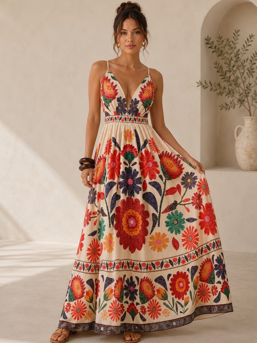 54- NEW - Elegant Boho Floral Print Maxi‎ Dress Mediterranean Chic Style